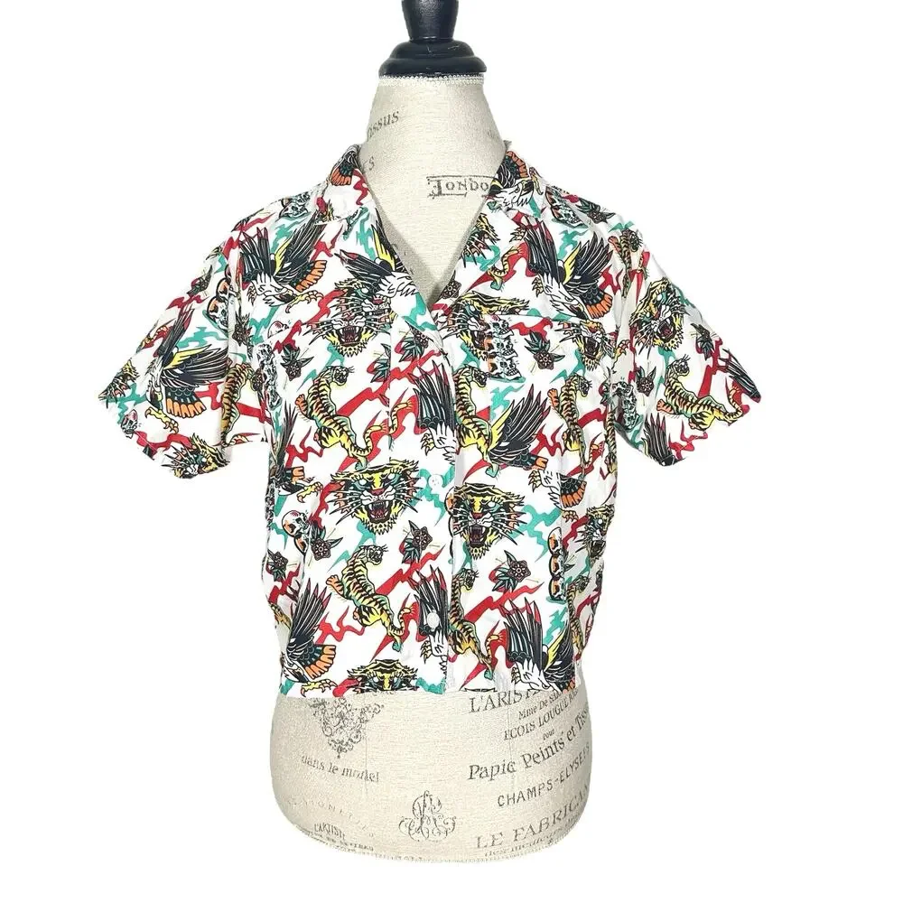 Empyre | Women | Kidd White Tiger Eagle Skull Cropped SS Button Up Shirt | XS